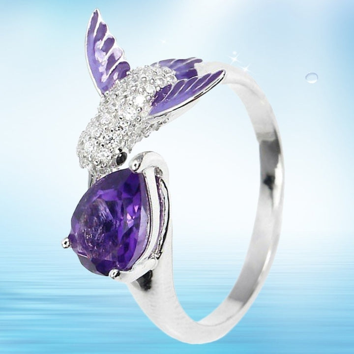 Bird Water Drop Faux Amethyst Cubic Zirconia Women Engagement Wedding Open Ring Image 6