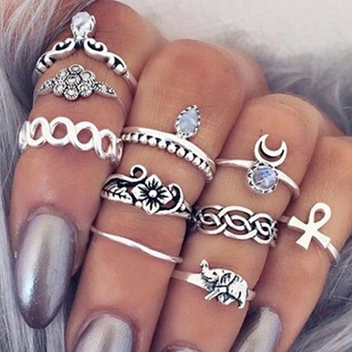 10Pcs Retro Boho Elephant Flower Moon Above Knuckle Midi Finger Ring Jewelry Image 1