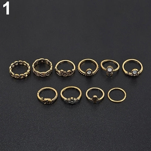 10Pcs Retro Boho Elephant Flower Moon Above Knuckle Midi Finger Ring Jewelry Image 4