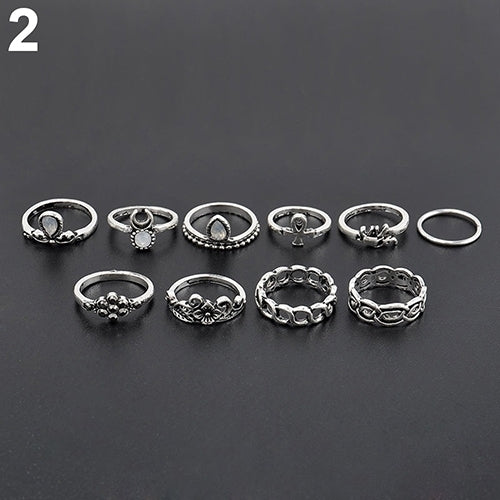 10Pcs Retro Boho Elephant Flower Moon Above Knuckle Midi Finger Ring Jewelry Image 4