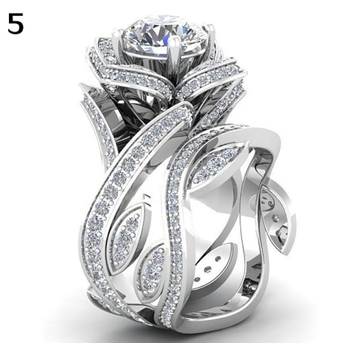 Women Flower Leaf Round Cut Clear Shiny Zircon Wedding Bridal Knuckle Ring Image 10