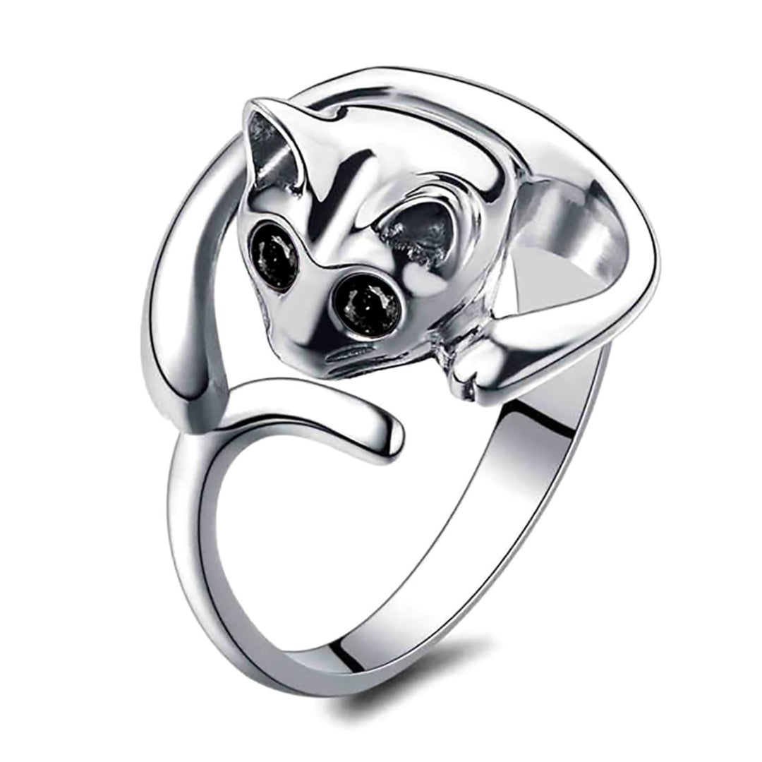 Womens Fashion Cute Animal Cat Shape Rhinestone Adjustable Open Finger Ring Image 2