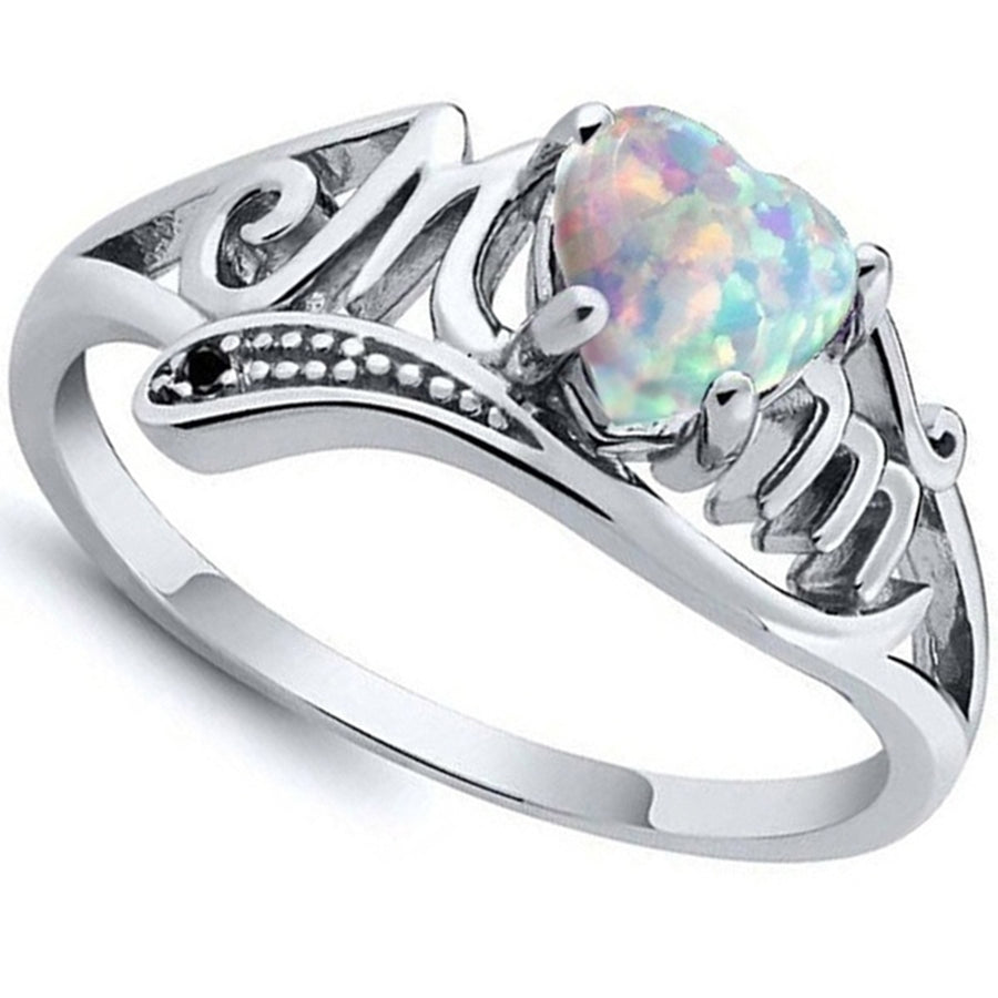 Letters Engraved Heart Shape Faux Opal Inlaid Band Ring Jewelry Gift for Mother Image 1