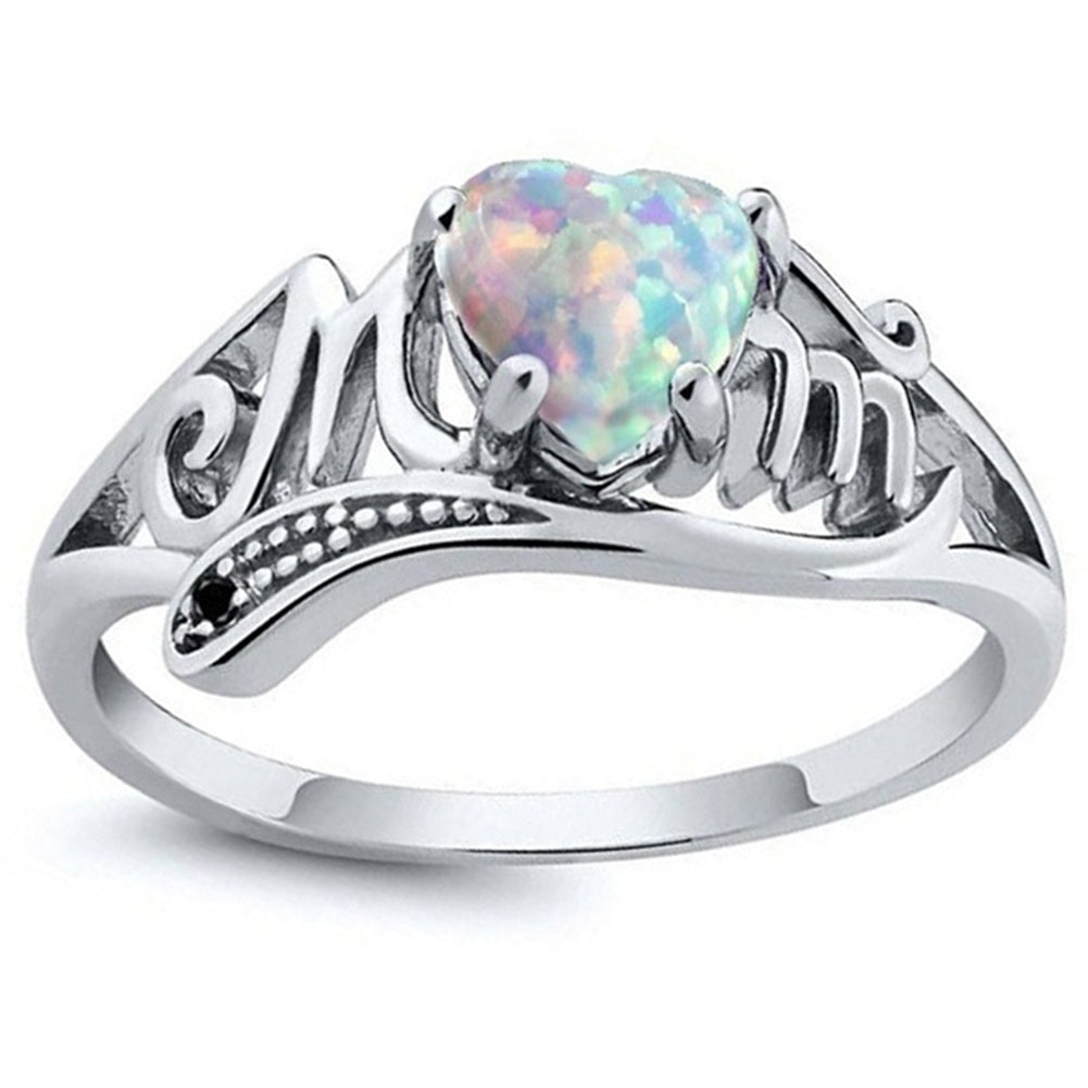 Letters Engraved Heart Shape Faux Opal Inlaid Band Ring Jewelry Gift for Mother Image 2