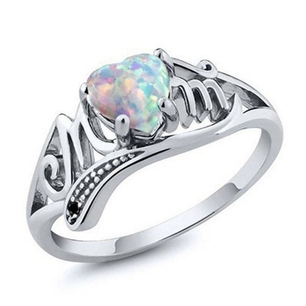 Letters Engraved Heart Shape Faux Opal Inlaid Band Ring Jewelry Gift for Mother Image 1