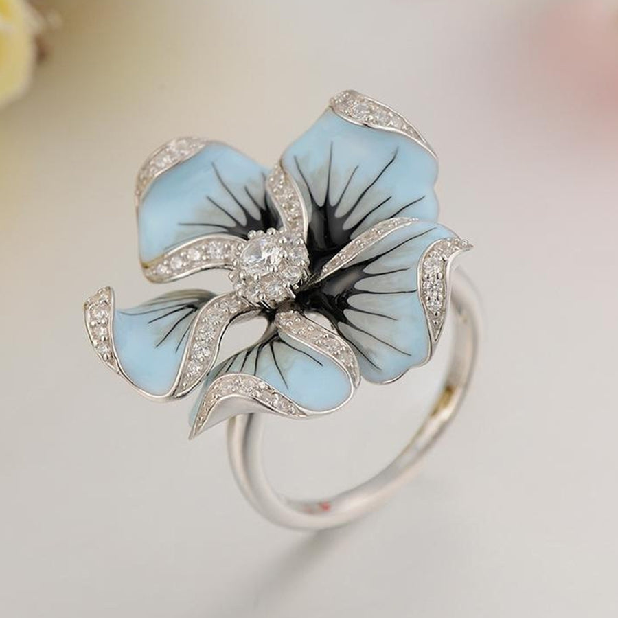 Women Rhinestone Inlaid Enamel Flower Finger Ring Jewelry Valentine Day Gift Image 1