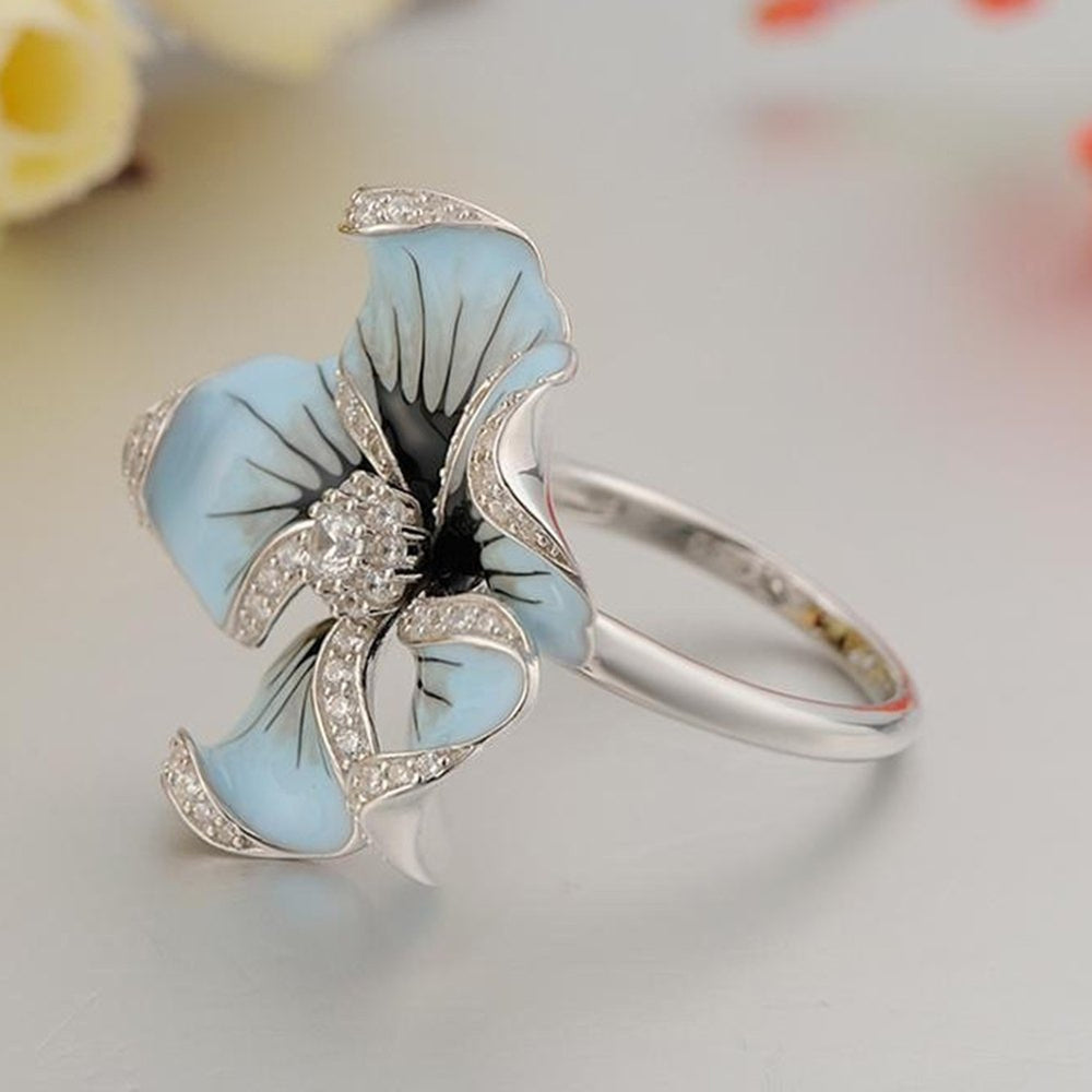 Women Rhinestone Inlaid Enamel Flower Finger Ring Jewelry Valentine Day Gift Image 2