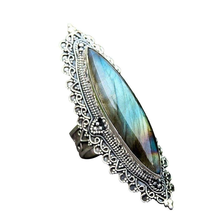 Retro Women Marquise Cut Faux Labradorite Inlaid Caved Finger Ring Jewelry Gift Image 1