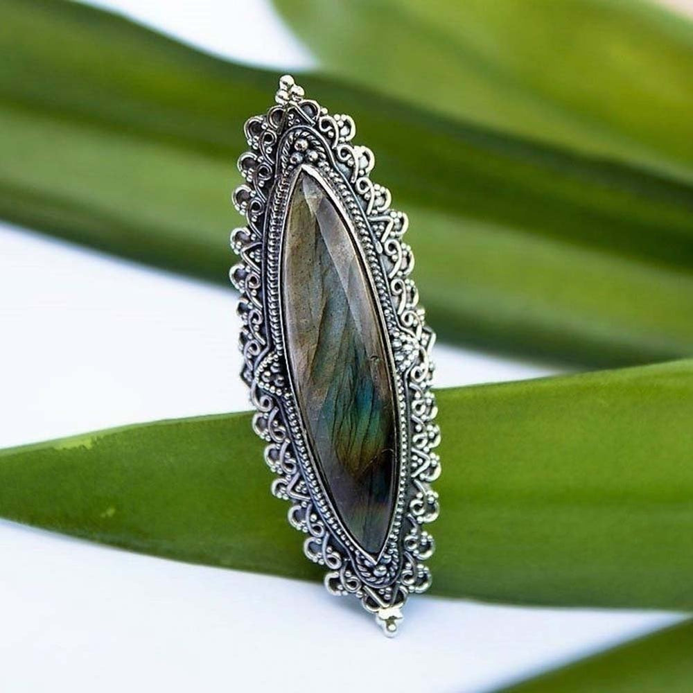 Retro Women Marquise Cut Faux Labradorite Inlaid Caved Finger Ring Jewelry Gift Image 2