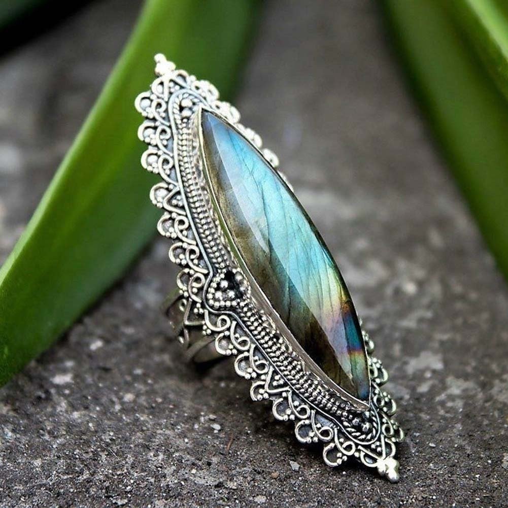 Retro Women Marquise Cut Faux Labradorite Inlaid Caved Finger Ring Jewelry Gift Image 3