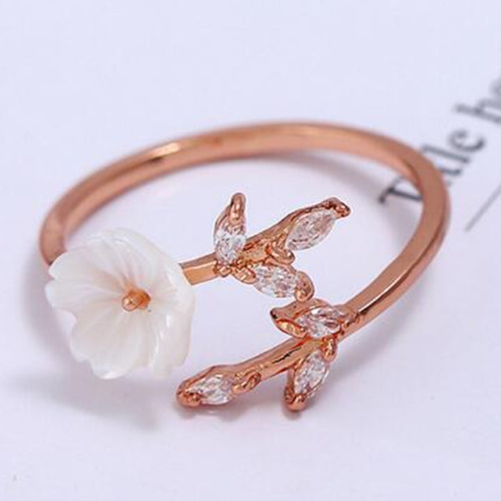 Women Fashion Alloy Branch Shell Flower Rhinestone Open Finger Ring Jewelry Gift Image 4