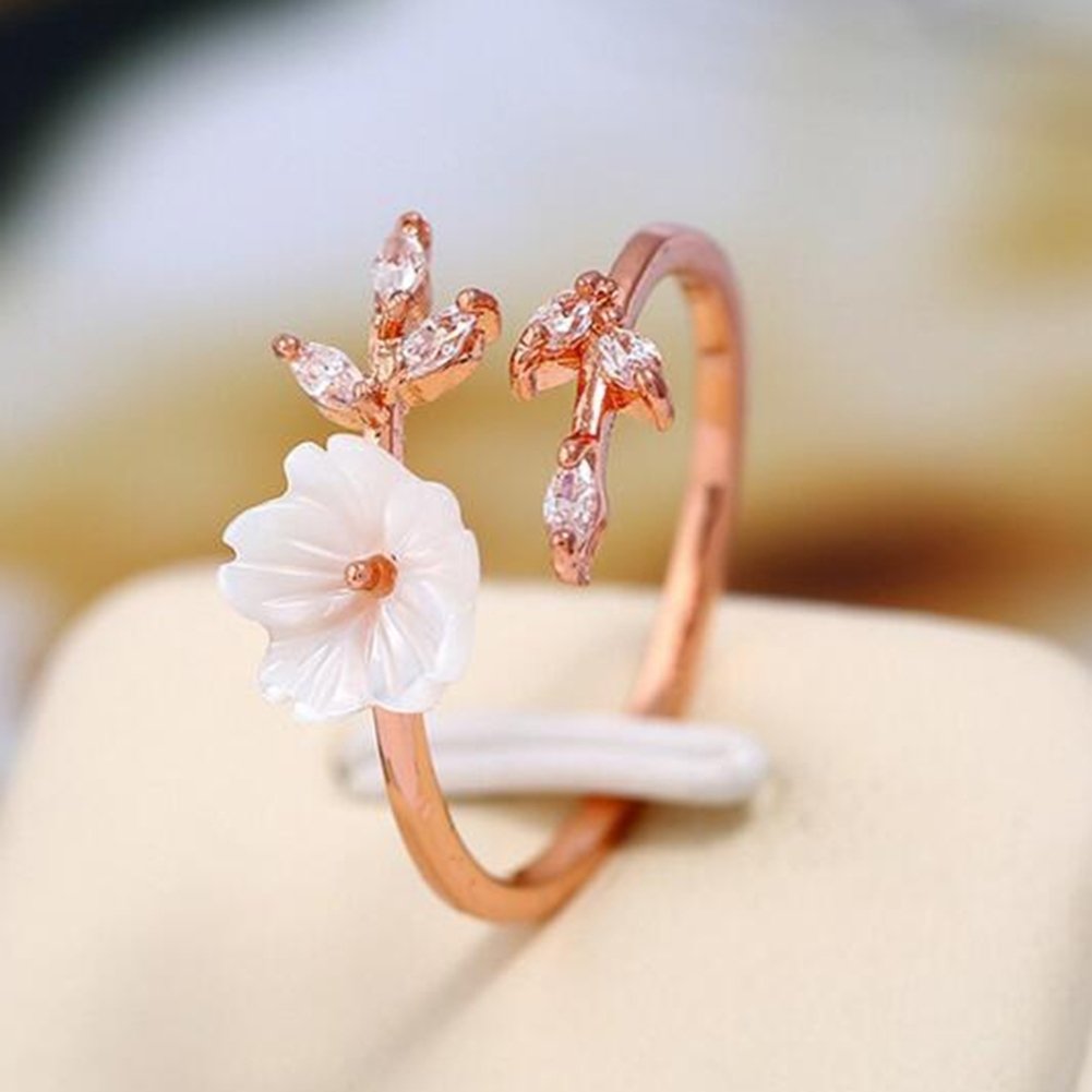 Women Fashion Alloy Branch Shell Flower Rhinestone Open Finger Ring Jewelry Gift Image 4