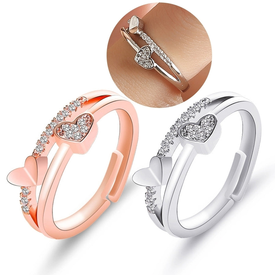 Women Fashion Rhinestone Inlaid Double Heart Hollow Band Opening Ring Jewelry Image 1