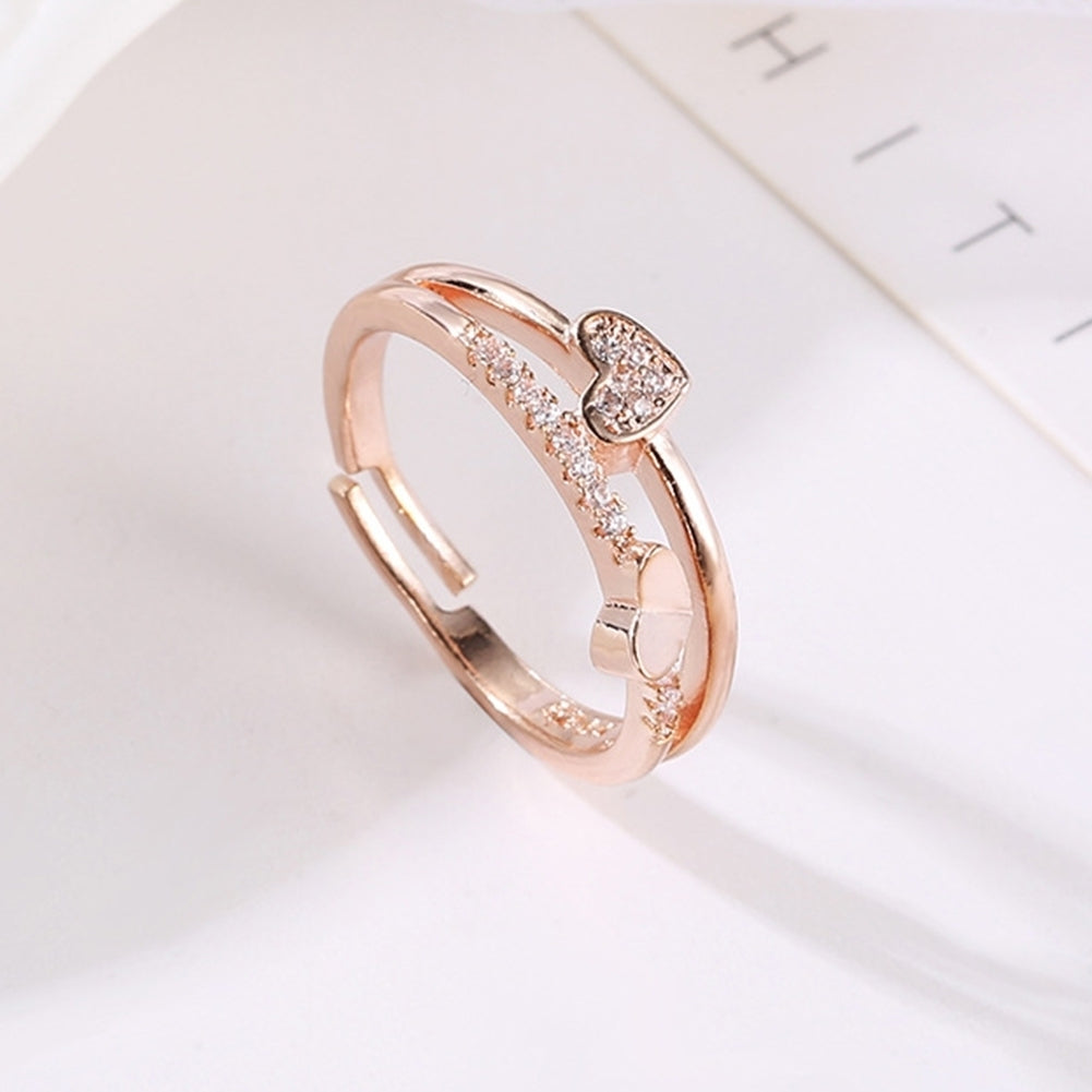 Women Fashion Rhinestone Inlaid Double Heart Hollow Band Opening Ring Jewelry Image 3