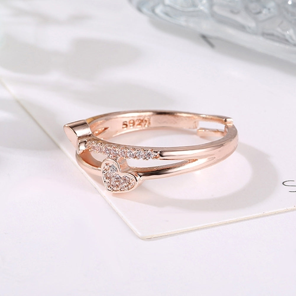 Women Fashion Rhinestone Inlaid Double Heart Hollow Band Opening Ring Jewelry Image 4