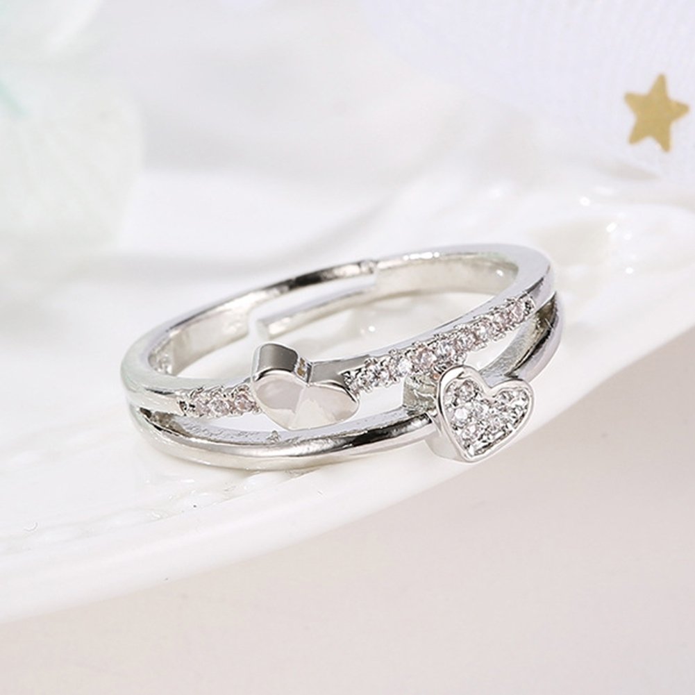 Women Fashion Rhinestone Inlaid Double Heart Hollow Band Opening Ring Jewelry Image 4