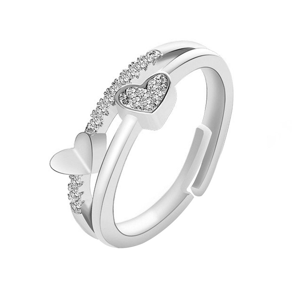 Women Fashion Rhinestone Inlaid Double Heart Hollow Band Opening Ring Jewelry Image 8