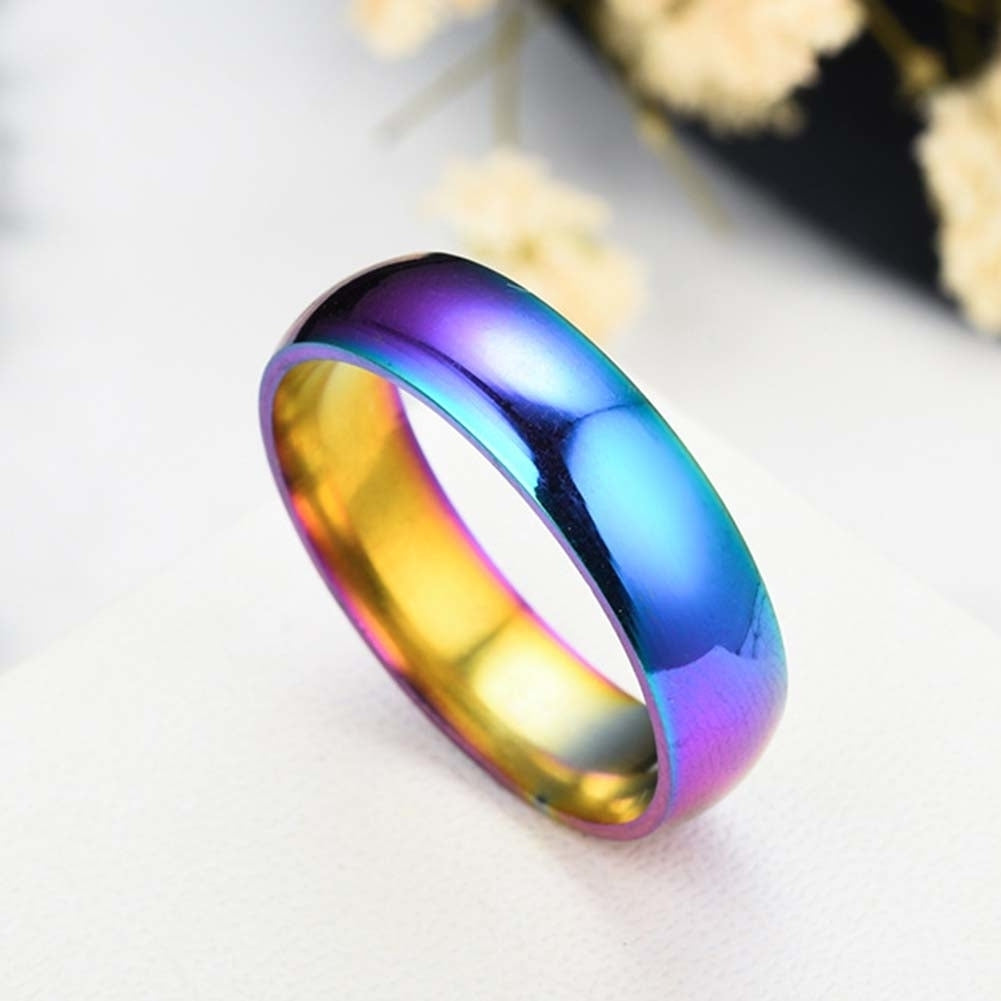 Fashion Rainbow Dome Stainless Steel Finger Ring Couple Wedding Jewelry Gift Image 3