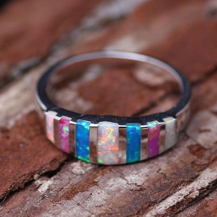 Women Fashion Multicolor Faux Opal Inlaid Finger Ring Wedding Party Jewelry Gift Image 3