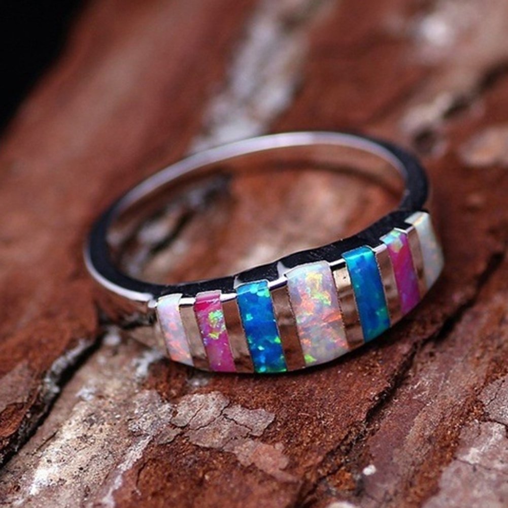 Women Fashion Multicolor Faux Opal Inlaid Finger Ring Wedding Party Jewelry Gift Image 4