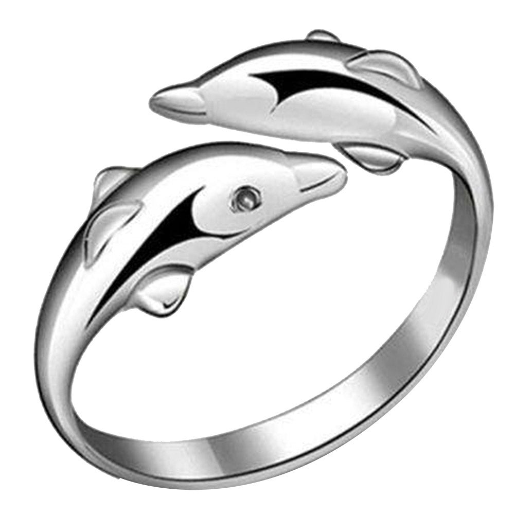 Fashion Women Silver Plated Double Dolphin Opening Adjustable Finger Ring Gift Image 1