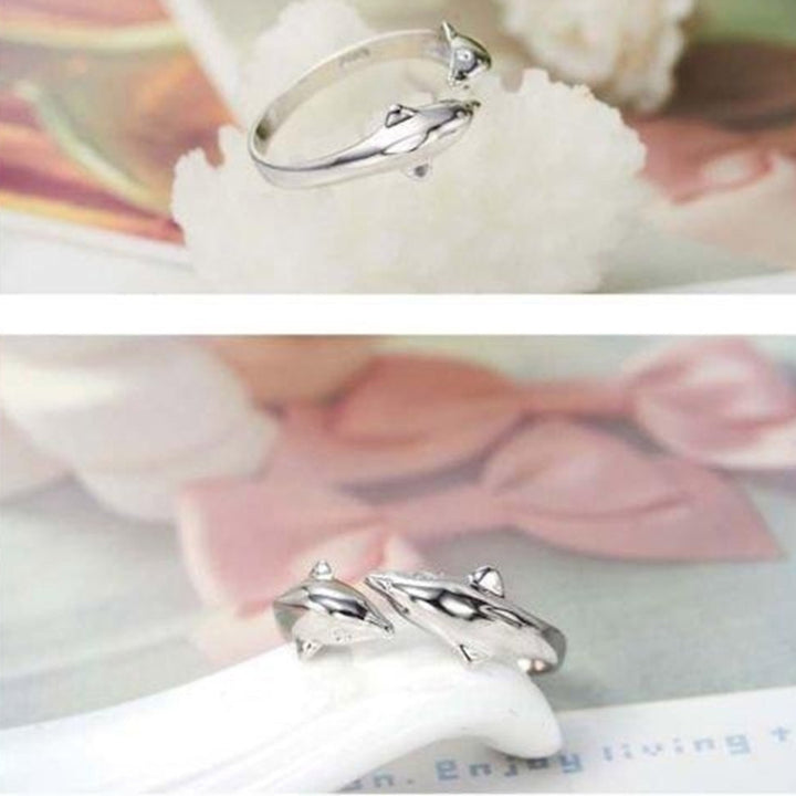 Fashion Women Silver Plated Double Dolphin Opening Adjustable Finger Ring Gift Image 2