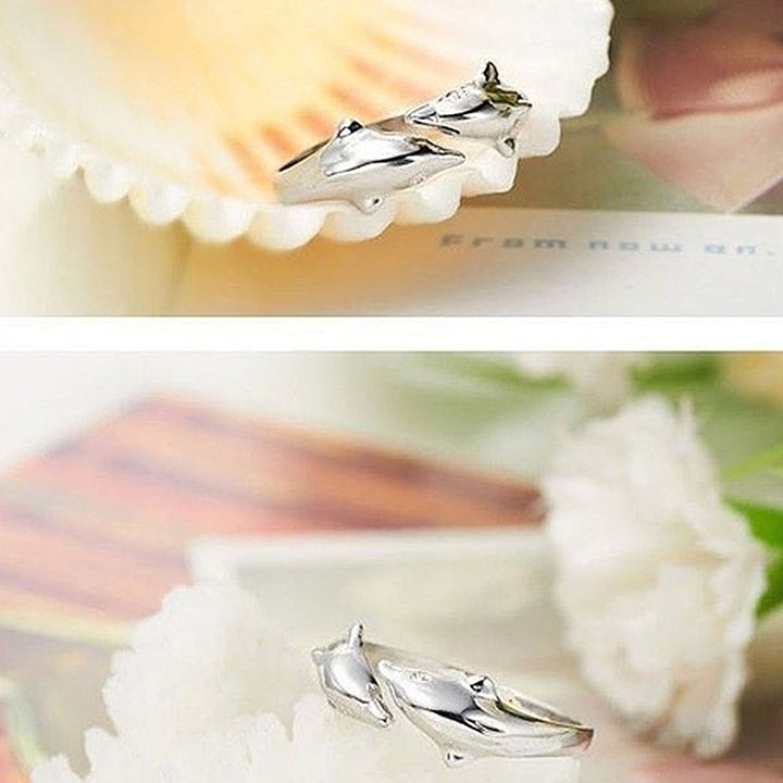 Fashion Women Silver Plated Double Dolphin Opening Adjustable Finger Ring Gift Image 4