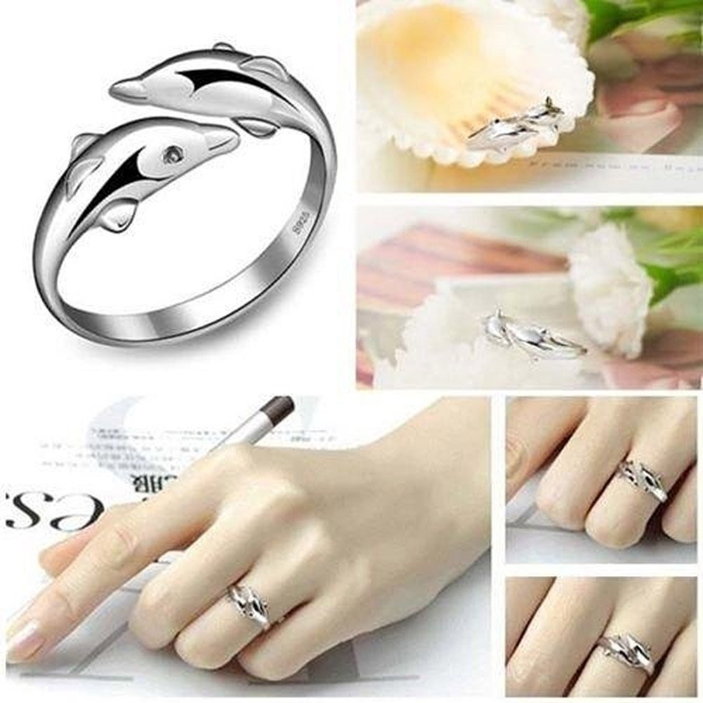 Fashion Women Silver Plated Double Dolphin Opening Adjustable Finger Ring Gift Image 6