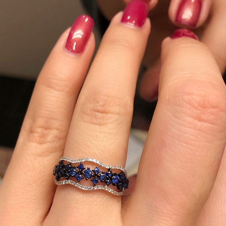 Women Faux Sapphire Inlaid Hollow Band Finger Ring Wedding Proposal Jewelry Gift Image 4