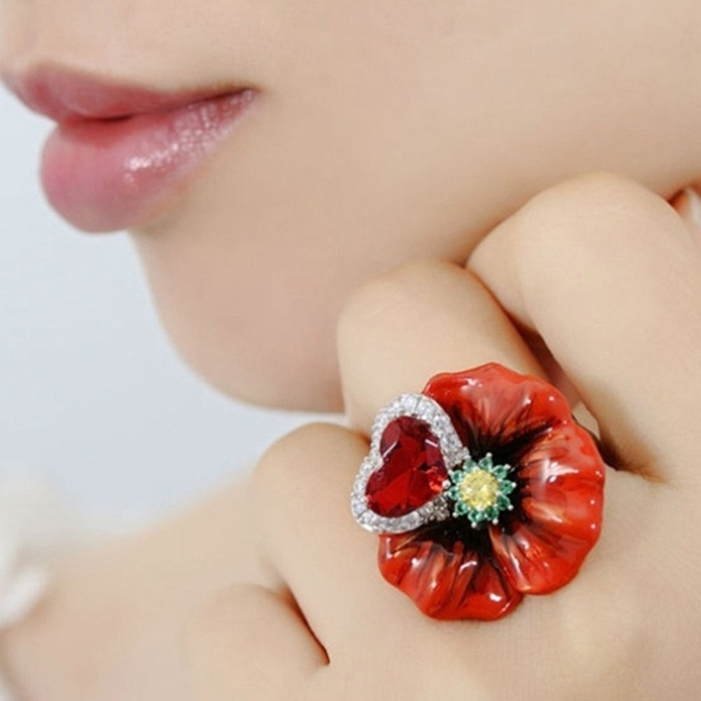 Wedding Party Fashion Flower Heart Shape Faux Ruby Finger Ring Bridal Jewelry Image 3