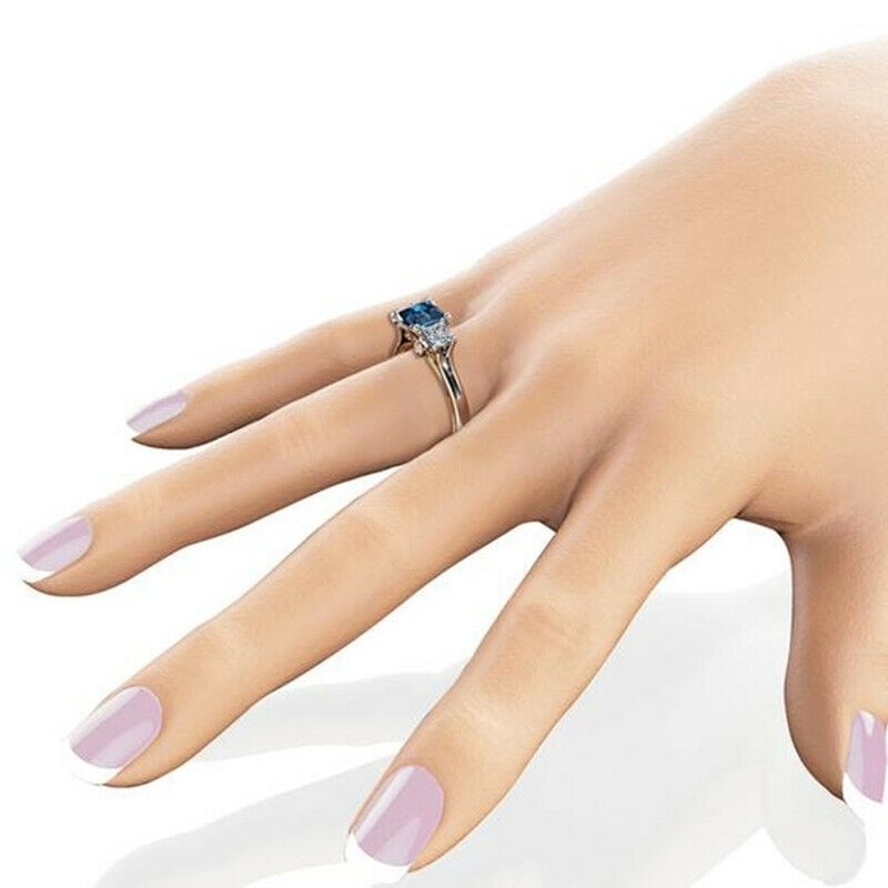 Women Square Faux Sapphire Inlaid Finger Ring Wedding Proposal Jewelry Gift Image 3