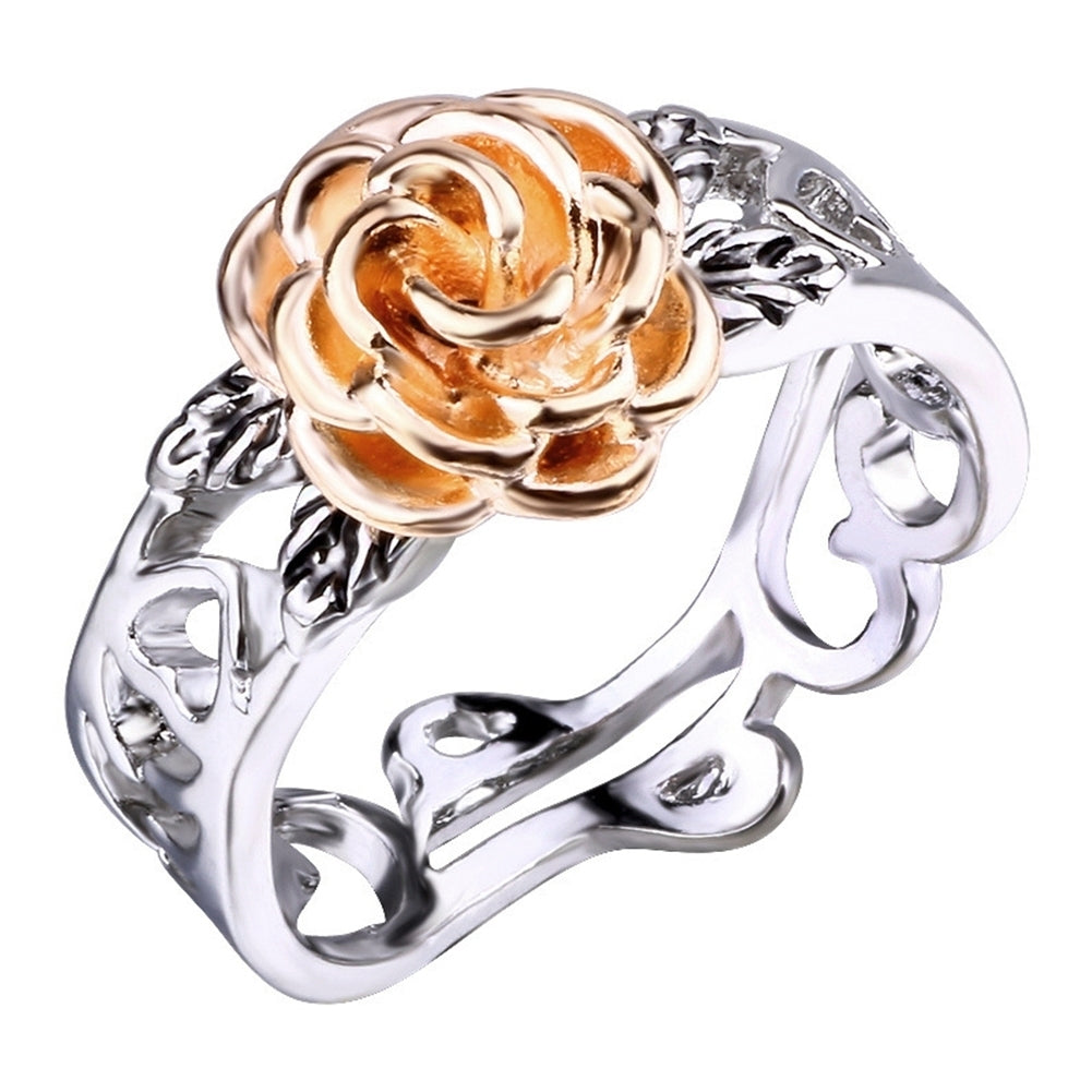 Elegant Two Tone Women Rose Flower Hollow Band Finger Ring Wedding Jewelry Gift Image 1