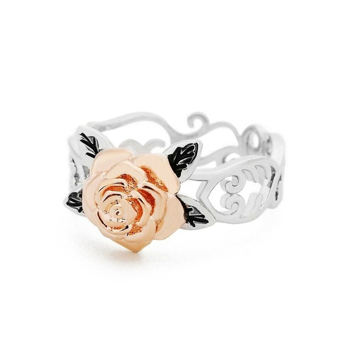 Elegant Two Tone Women Rose Flower Hollow Band Finger Ring Wedding Jewelry Gift Image 4