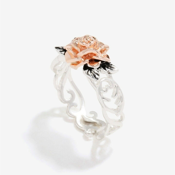 Elegant Two Tone Women Rose Flower Hollow Band Finger Ring Wedding Jewelry Gift Image 4