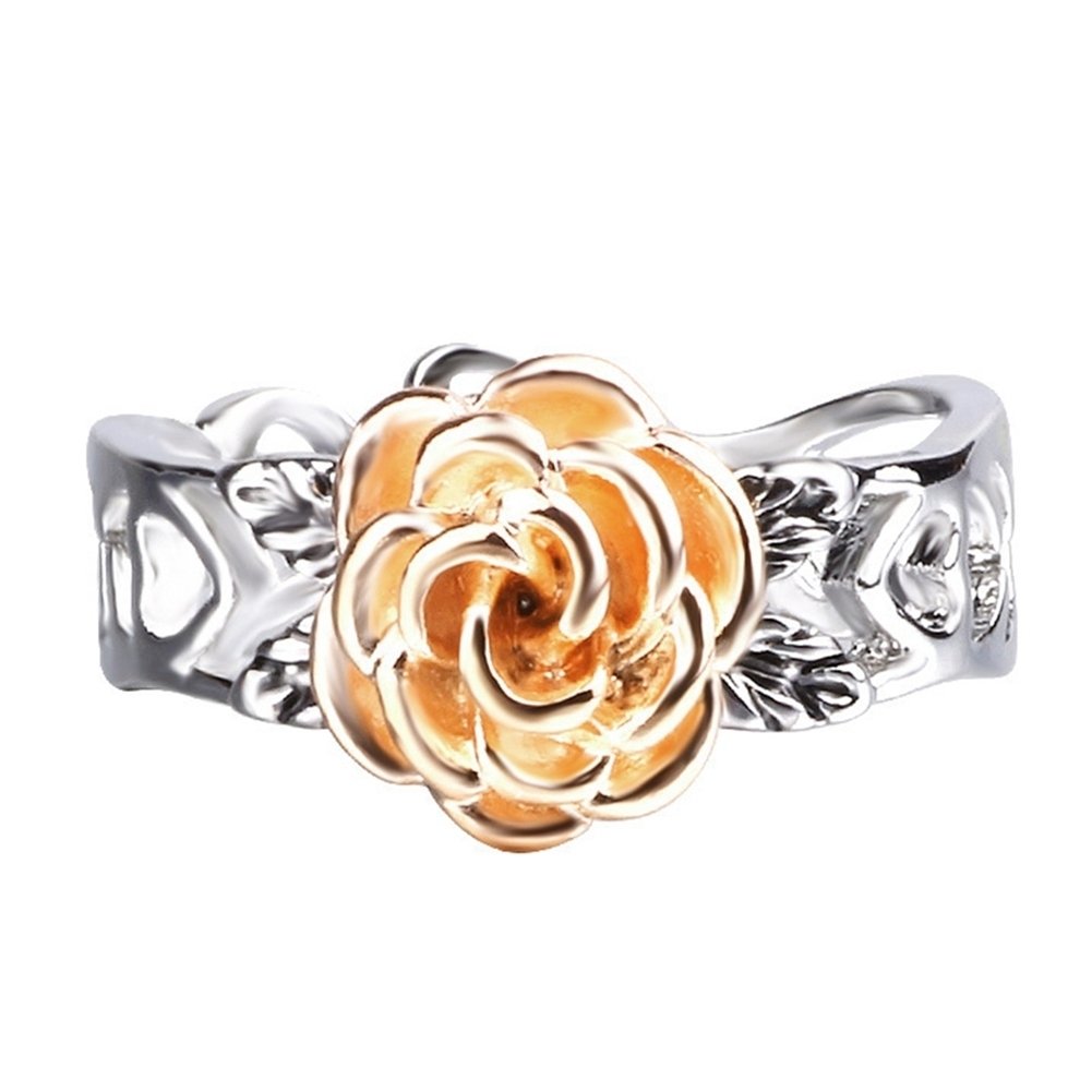 Elegant Two Tone Women Rose Flower Hollow Band Finger Ring Wedding Jewelry Gift Image 7