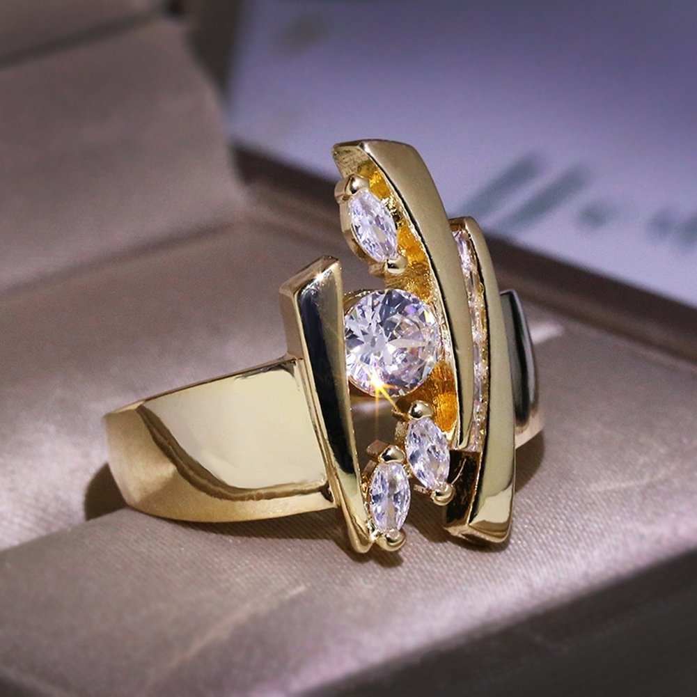 Luxury Marquise Cut Round Rhinestone Inlaid Geometric Finger Ring Jewelry Gift Image 3