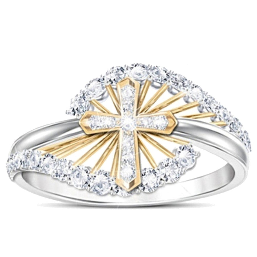 Women Dual Tone Rhinestone Inlaid Cross Finger Ring Wedding Engagement Jewelry Image 1