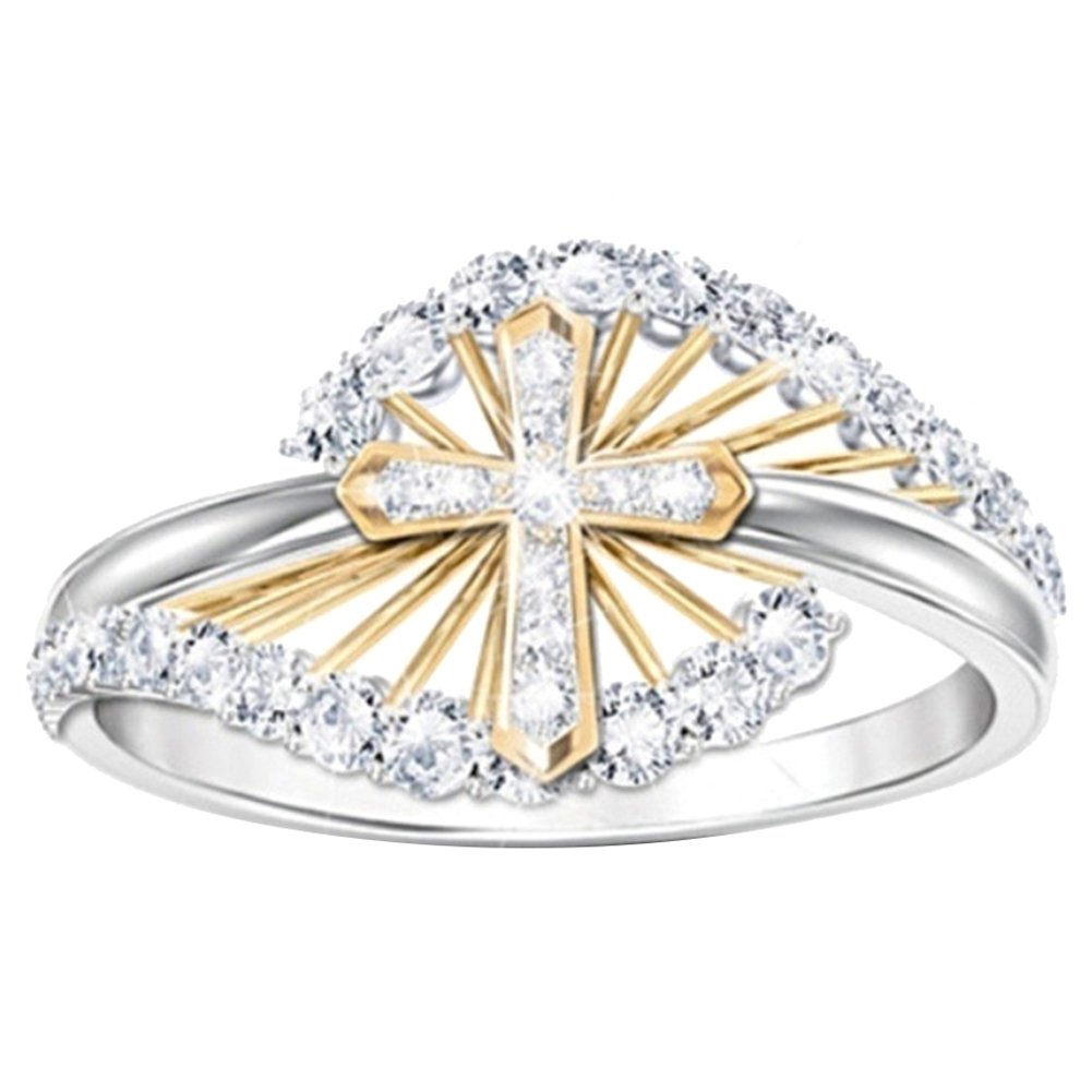 Women Dual Tone Rhinestone Inlaid Cross Finger Ring Wedding Engagement Jewelry Image 2