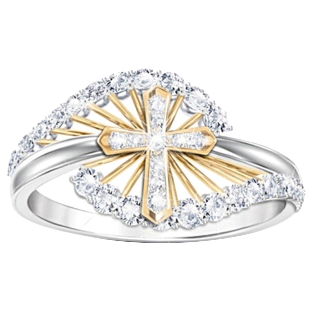 Women Dual Tone Rhinestone Inlaid Cross Finger Ring Wedding Engagement Jewelry Image 3