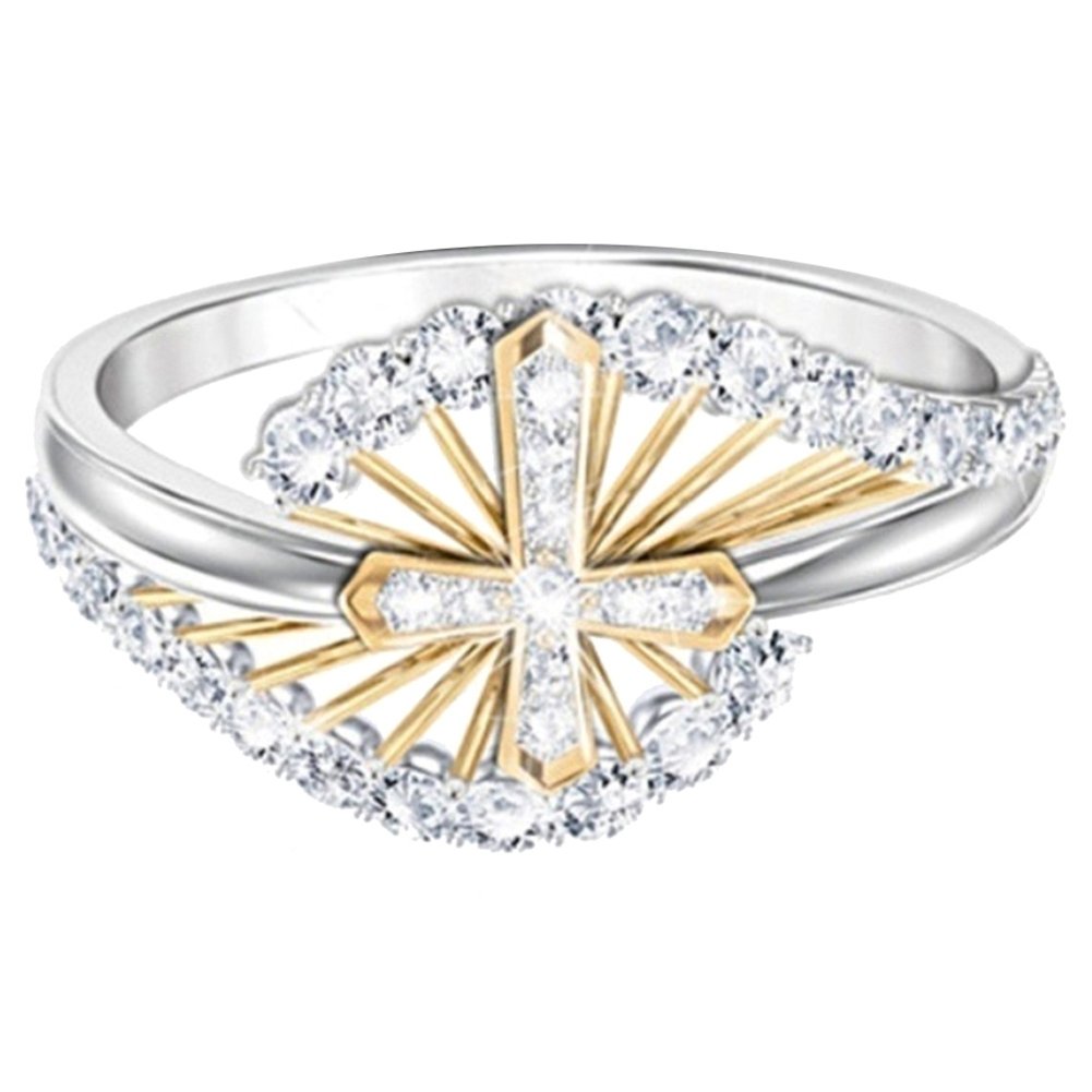 Women Dual Tone Rhinestone Inlaid Cross Finger Ring Wedding Engagement Jewelry Image 4