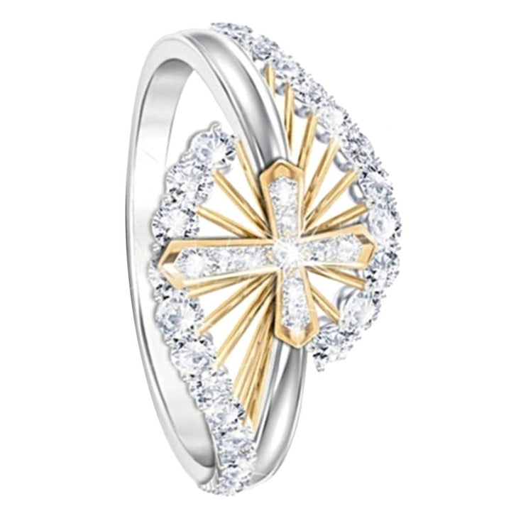 Women Dual Tone Rhinestone Inlaid Cross Finger Ring Wedding Engagement Jewelry Image 7