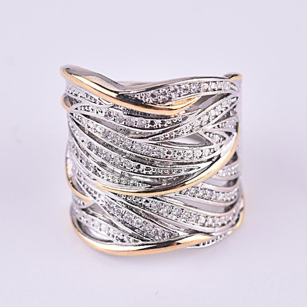 Lady Two Tone Rhinestone Inlaid Crossover Multi-layer Finger Ring Party Jewelry Image 4