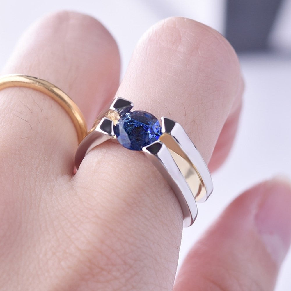 Women Faux Sapphire Inlaid Geometric Finger Ring Wedding Proposal Jewelry Gift Image 2