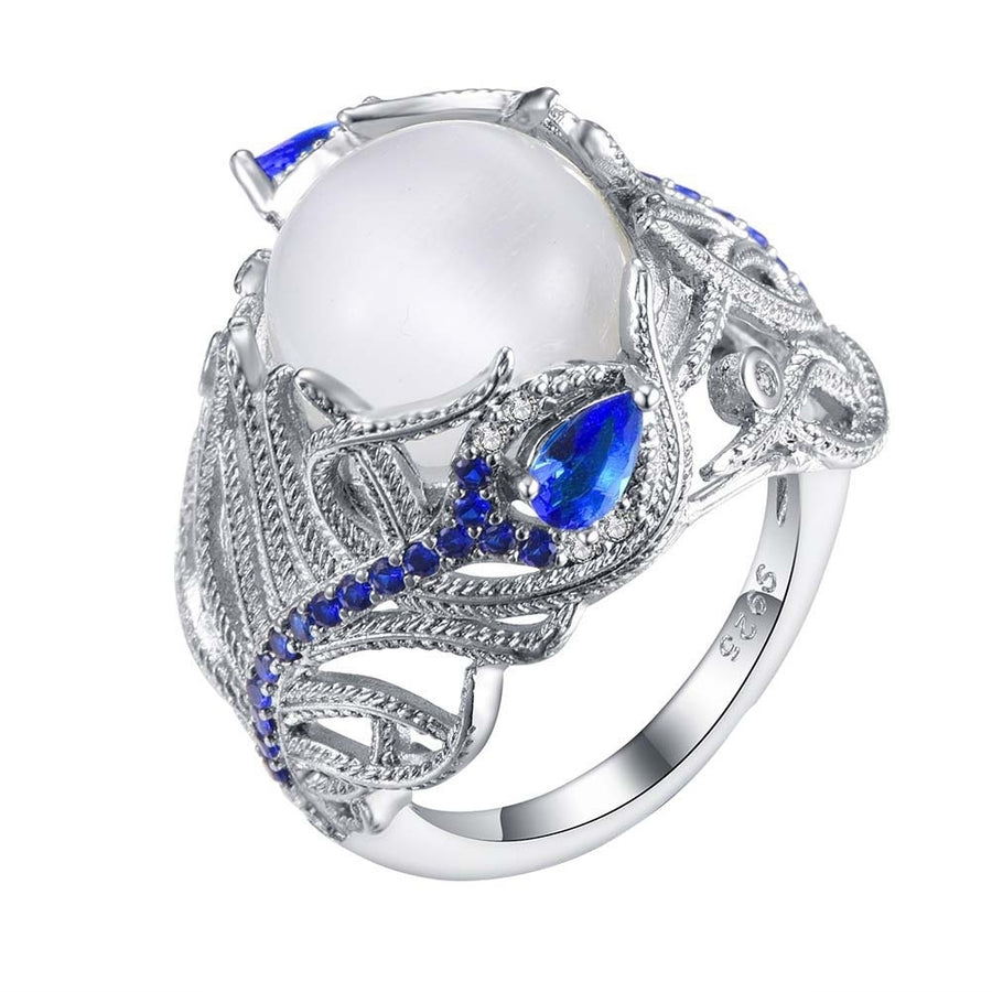 Women Faux Sapphire Opal Inlaid Peacock Feather Finger Ring Wedding Jewelry Gift Image 1