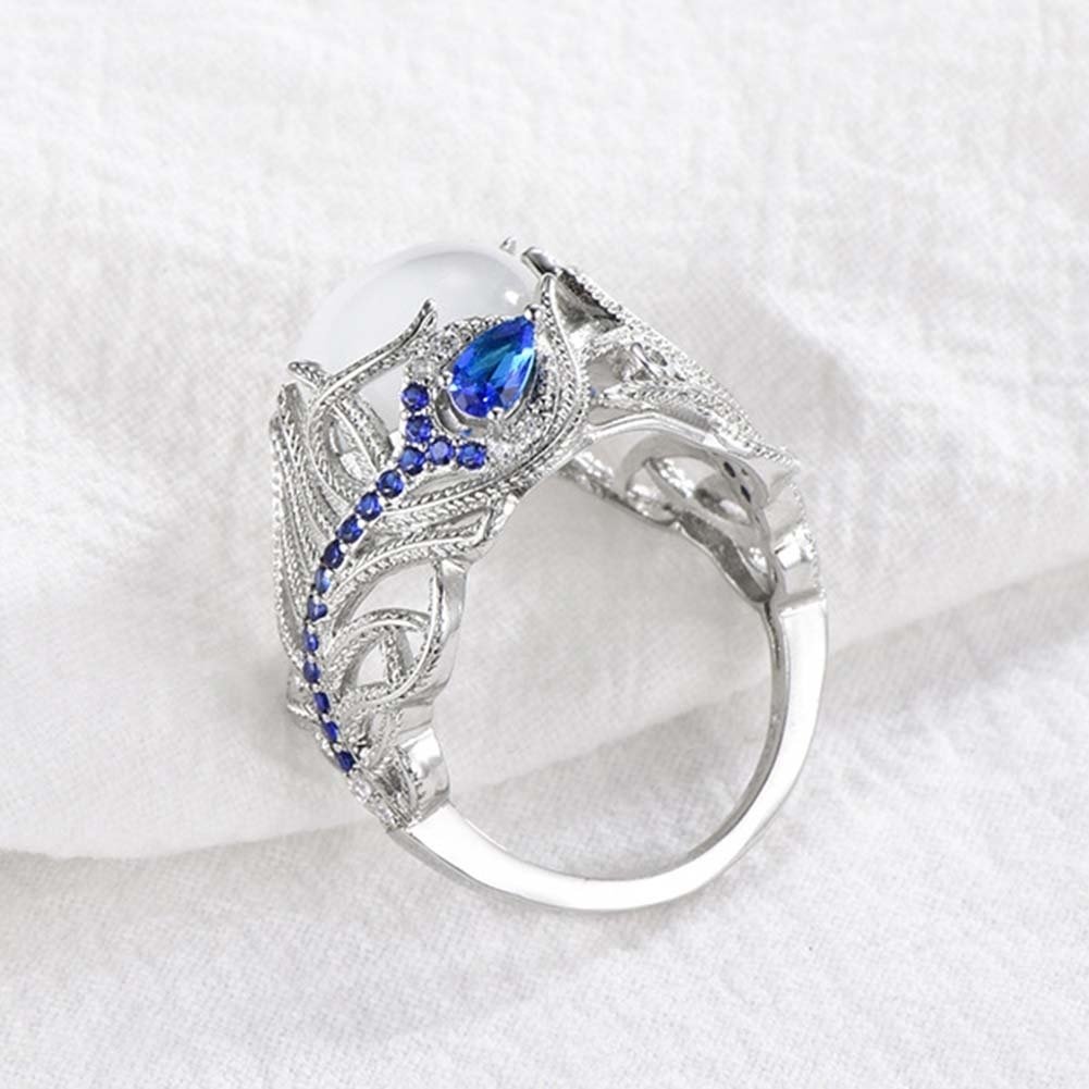 Women Faux Sapphire Opal Inlaid Peacock Feather Finger Ring Wedding Jewelry Gift Image 3