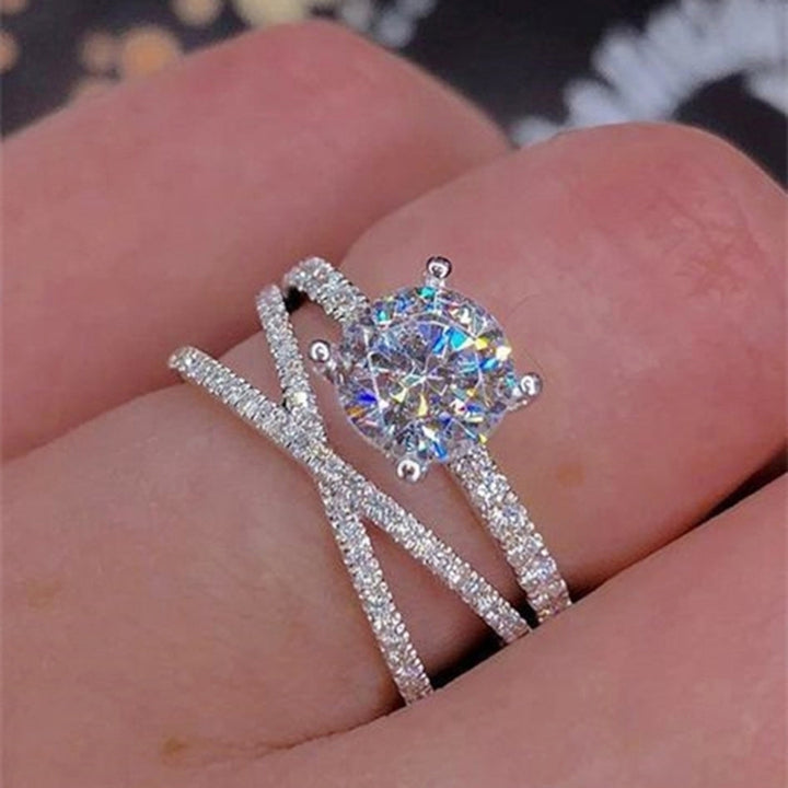 Fashion Rhinestone Inlaid Double Layer Finger Ring Women Engagement Jewelry Image 2