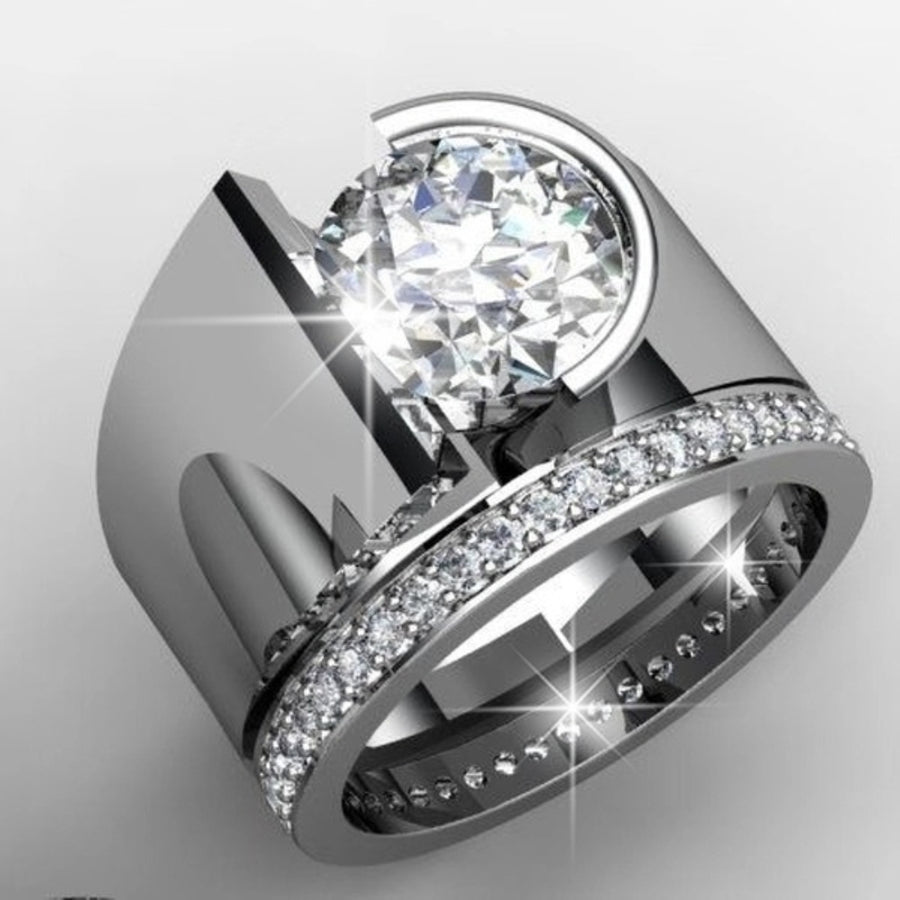 Luxury Women Round Rhinestone Inlaid Wide Band Geometric Ring Party Jewelry Gift Image 1