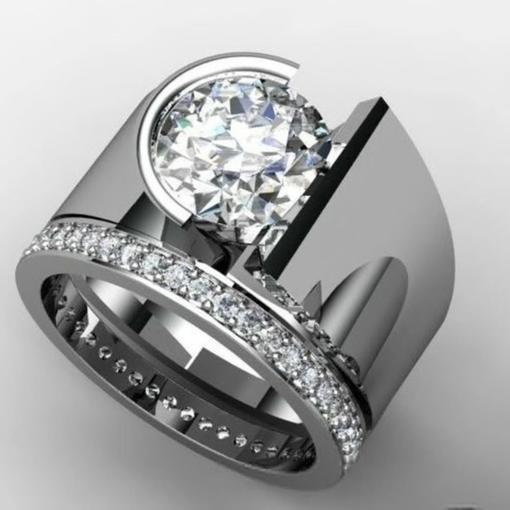 Luxury Women Round Rhinestone Inlaid Wide Band Geometric Ring Party Jewelry Gift Image 2