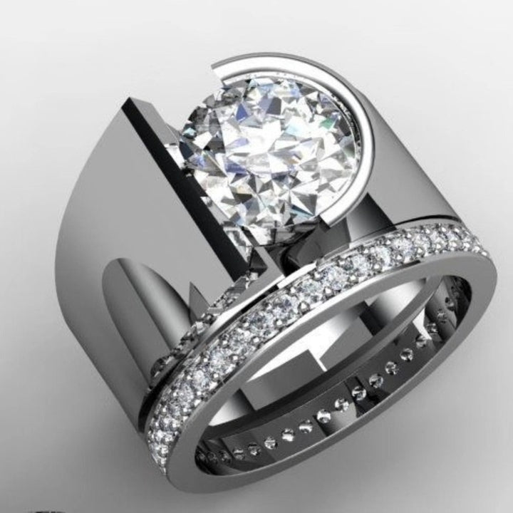 Luxury Women Round Rhinestone Inlaid Wide Band Geometric Ring Party Jewelry Gift Image 3