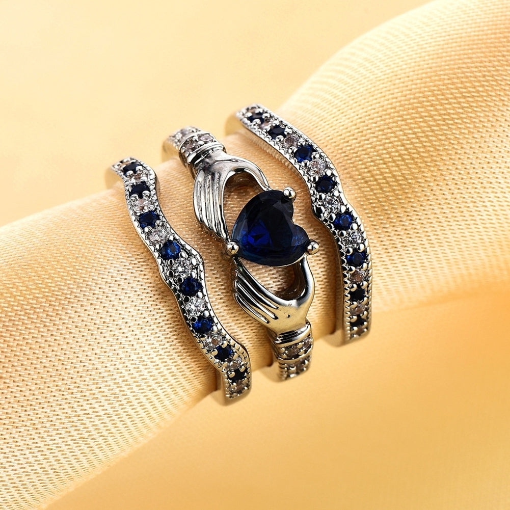 3Pcs Women Heart Faux Sapphire Inlaid Stacking Ring Wedding Jewelry Gift Image 4